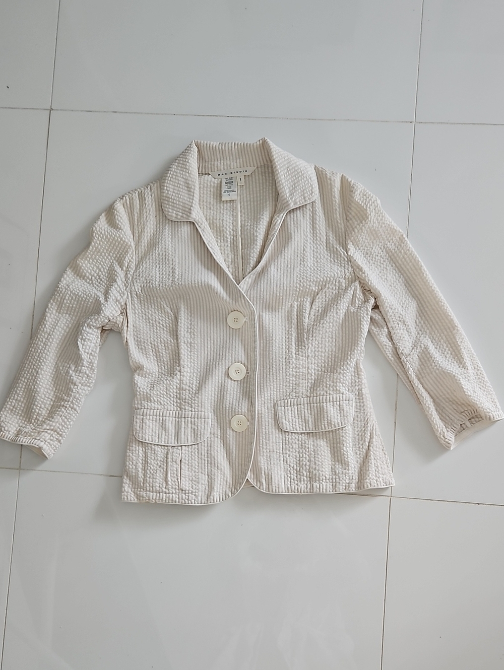 Max Studio Cream Striped Seersucker Three-Button Blazer